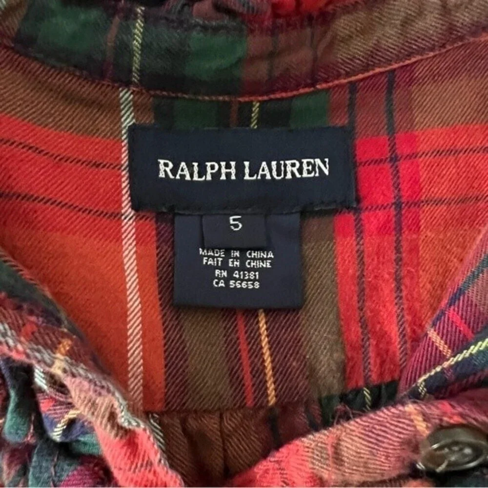 Ralph Lauren Girl’s Red Black Plaid Holiday Cotton Flannel Ruffle Dress SZ 5